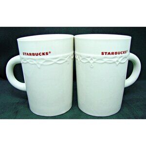 Set of Starbucks 2010 Embossed Lace 10 oz Coffee Tea Mugs Cups White Red Set 2